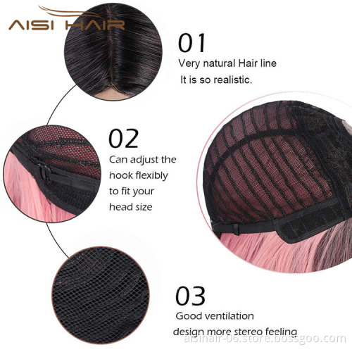 Aisi Hair Hotselling Party Wholesale Vendor Long Silky Straight Natural Wave Ombre Pink Wig For Black Women Synthetic Hair Wigs